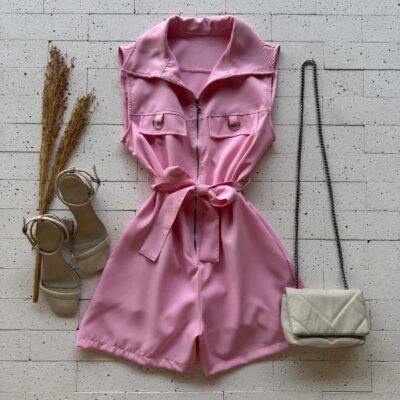 Dondoca_com_br Macaquinho Detalhe Ziper E Cinto Faixa Rosa