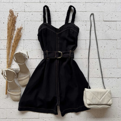 Dondoca_com_br Macaquinho Marrant Alca Drapeada E Cinto Preto