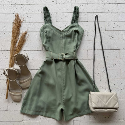 Dondoca_com_br Macaquinho Marrant Alca Drapeada E Cinto Verde Oliva