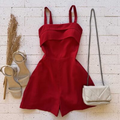 Dondoca_com_br Macaquinho Marrant Detalhe Pregas No Decote Vermelho