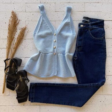 Dondoca_com_br Regata Modal Peplum Detalhe Botoes Azul