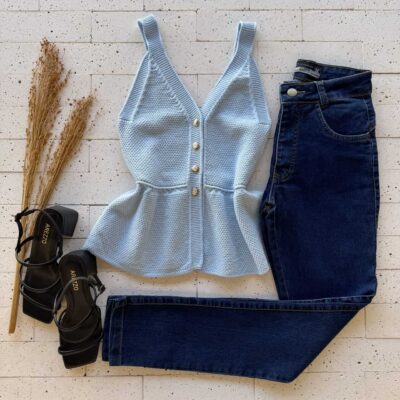 Dondoca_com_br Regata Modal Peplum Detalhe Botoes Azul