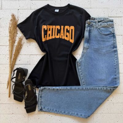 Dondoca_com_br T Shirt Algodao Estampa Chicago Preto Com Laranja