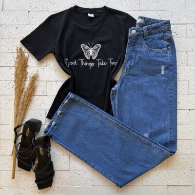 Dondoca_com_br T Shirt Algodao Estampa Good Things Take Time Preta