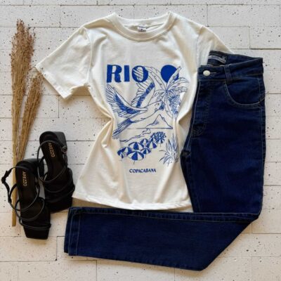 Dondoca_com_br T Shirt Algodao Estampa Rio Branco E Azul