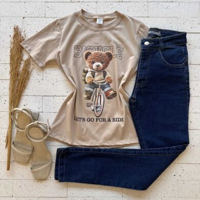 Dondoca_com_br T Shirt Algodao Estampa Urso De Bicicleta Bege