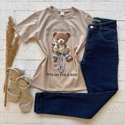 Dondoca_com_br T Shirt Algodao Estampa Urso De Bicicleta Bege