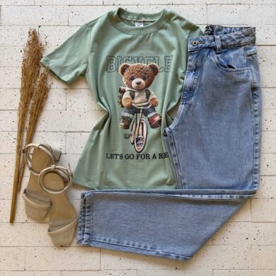 Dondoca_com_br T Shirt Algodao Estampa Urso De Bicicleta Verde