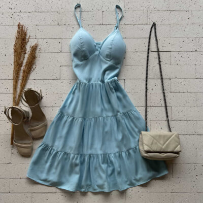 Dondoca_com_br Vestido Alcinha Rodado Basic Azul Claro