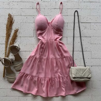 Dondoca_com_br Vestido Alcinha Rodado Basic Rosa