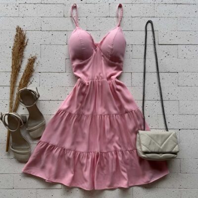Dondoca_com_br Vestido Alcinha Rodado Basic Rosa