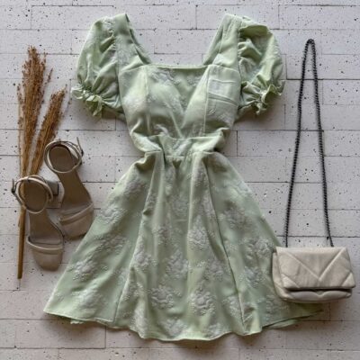 Dondoca_com_br Vestido Bordado Manguinha Com Elastico Verde Claro
