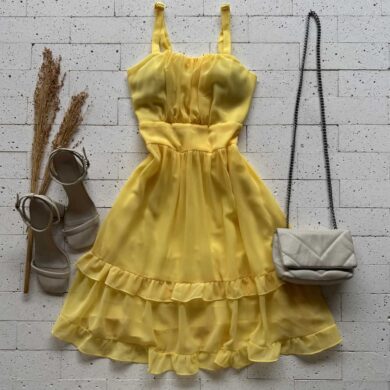 Dondoca_com_br Vestido Chifon Com Bojo Detalhe Babadinhos Amarelo
