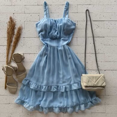 Dondoca_com_br Vestido Chifon Com Bojo Detalhe Babadinhos Azul