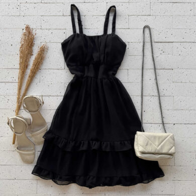 Dondoca_com_br Vestido Chifon Com Bojo Detalhe Babadinhos Preto
