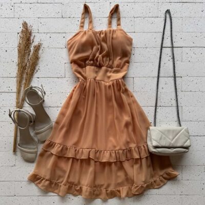 Dondoca_com_br Vestido Chifon Com Bojo Detalhe Babadinhos Salmao