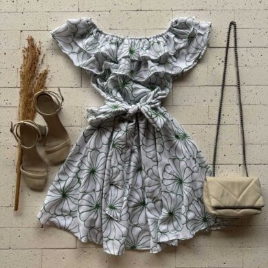 Dondoca_com_br Vestido Ciganinha Bordado Lurex Com Amarracao Fixa Off Com Verde