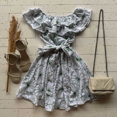 Dondoca_com_br Vestido Ciganinha Bordado Lurex Com Amarracao Fixa Off Com Verde