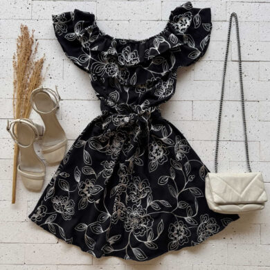 Dondoca_com_br Vestido Ciganinha Bordado Lurex Com Amarracao Fixa Preto