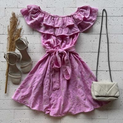 Dondoca_com_br Vestido Ciganinha Bordado Lurex Com Amarracao Fixa Rosa
