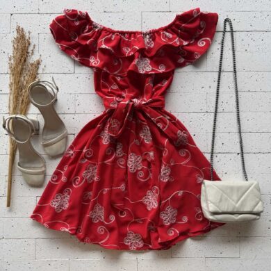 Dondoca_com_br Vestido Ciganinha Bordado Lurex Com Amarracao Fixa Vermelho