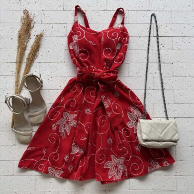 Dondoca_com_br Vestido Crepe Bordado Alcinha E Cinto Faixa Vermelho