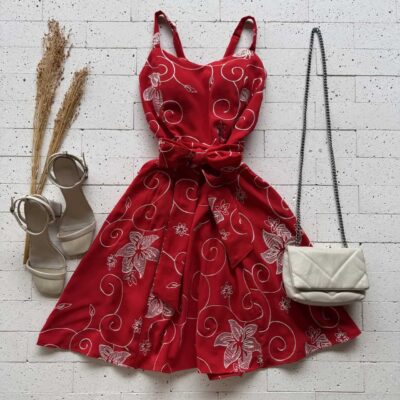 Dondoca_com_br Vestido Crepe Bordado Alcinha E Cinto Faixa Vermelho