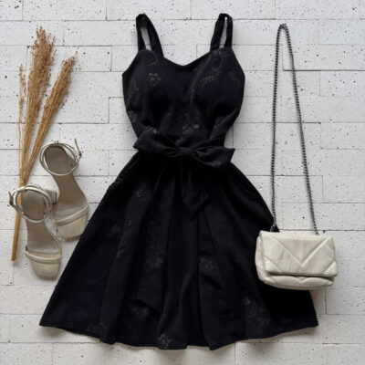 Dondoca_com_br Vestido Crepe Detalhado Alcinha E Cinto Faixa Preto