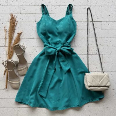 Dondoca_com_br Vestido Crepe Detalhado Alcinha E Cinto Faixa Turquesa