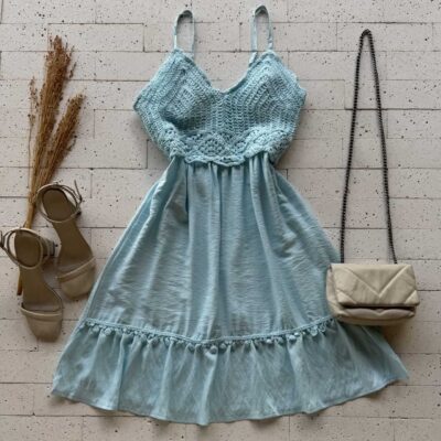 Dondoca_com_br Vestido Detalhe Busto Em Croche Azul