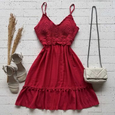 Dondoca_com_br Vestido Detalhe Busto Em Croche Vermelho