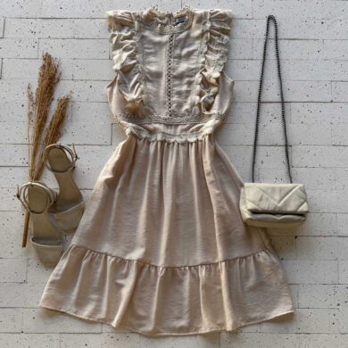 Dondoca_com_br Vestido Detalhe Gripier Ondulado Bege