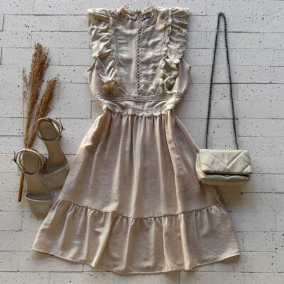 Dondoca_com_br Vestido Detalhe Gripier Ondulado Bege