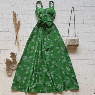 Dondoca_com_br Vestido Longo Bordado Alcinha E Amarracao Fixa Verde Bandeira