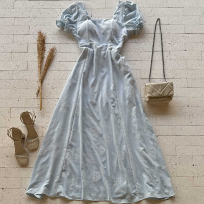 Dondoca_com_br Vestido Longo Bordado Detalhe Manguinha Com Elastico Azul Claro