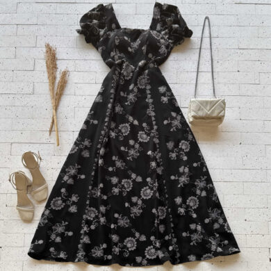 Dondoca_com_br Vestido Longo Bordado Detalhe Manguinha Com Elastico Preto