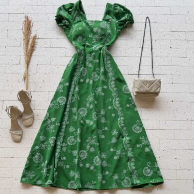 Dondoca_com_br Vestido Longo Bordado Detalhe Manguinha Com Elastico Verde Bandeira