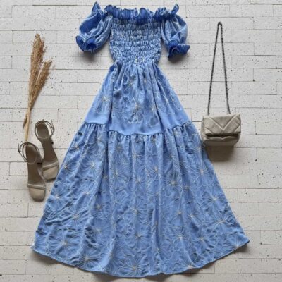 Dondoca_com_br Vestido Longo Ciganinha Bordado E Busto Lastex Azul