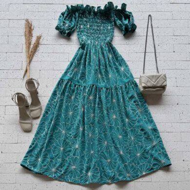 Dondoca_com_br Vestido Longo Ciganinha Bordado E Busto Lastex Turquesa