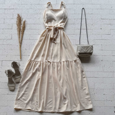 Dondoca_com_br Vestido Longo Detalhado Alcinha E Amarracao Fixa Bege
