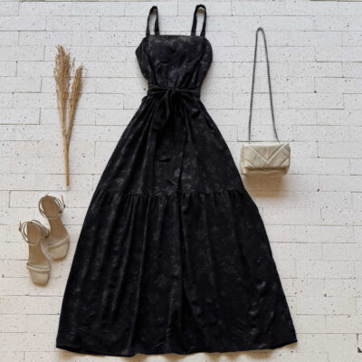 Dondoca_com_br Vestido Longo Detalhado Alcinha E Amarracao Fixa Preto