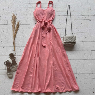 Dondoca_com_br Vestido Longo Detalhado Alcinha E Amarracao Fixa Salmao