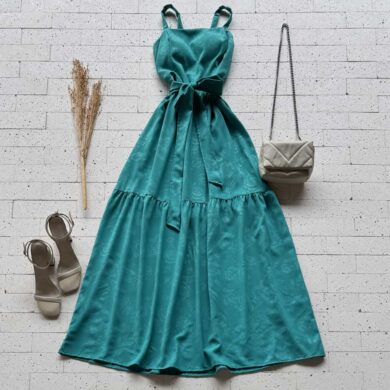 Dondoca_com_br Vestido Longo Detalhado Alcinha E Amarracao Fixa Turquesa