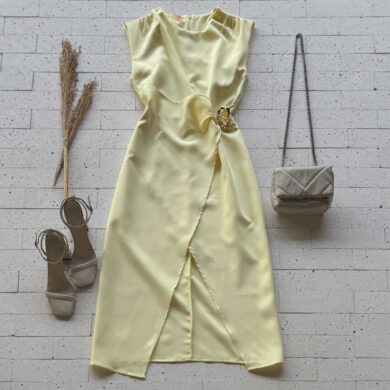 Dondoca_com_br Vestido Midi Alfaiataria Com Fenda E Argola Organica Amarelo