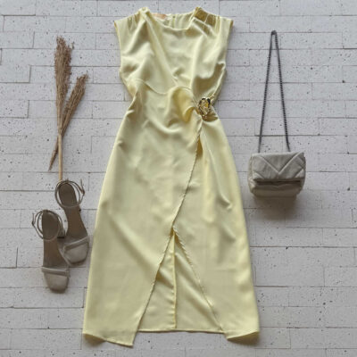 Dondoca_com_br Vestido Midi Alfaiataria Com Fenda E Argola Organica Amarelo