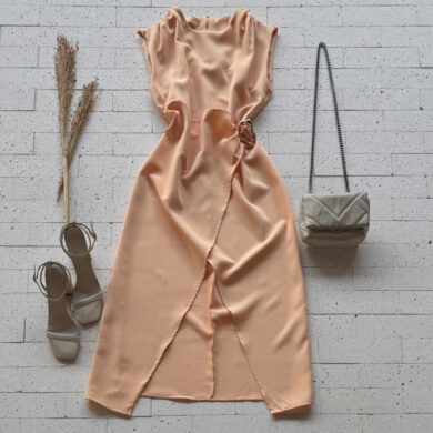 Dondoca_com_br Vestido Midi Alfaiataria Com Fenda E Argola Organica Laranja