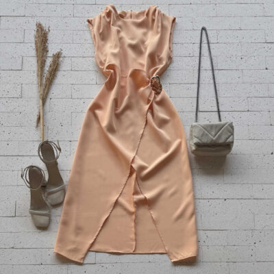 Dondoca_com_br Vestido Midi Alfaiataria Com Fenda E Argola Organica Laranja