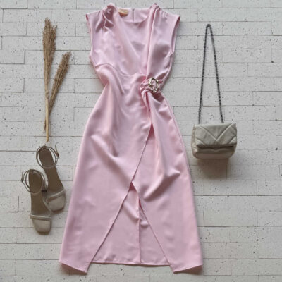 Dondoca_com_br Vestido Midi Alfaiataria Com Fenda E Argola Organica Rosa