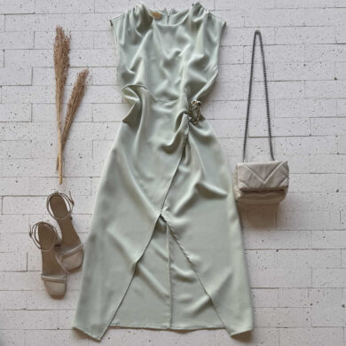 Dondoca_com_br Vestido Midi Alfaiataria Com Fenda E Argola Organica Verde