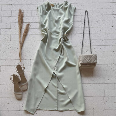 Dondoca_com_br Vestido Midi Alfaiataria Com Fenda E Argola Organica Verde